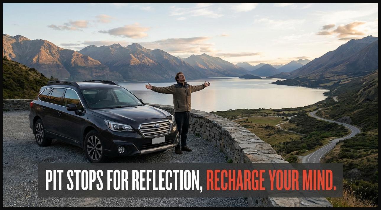 A car parked at a scenic rest stop, with the driver reflecting on their journey and recharging their mind.