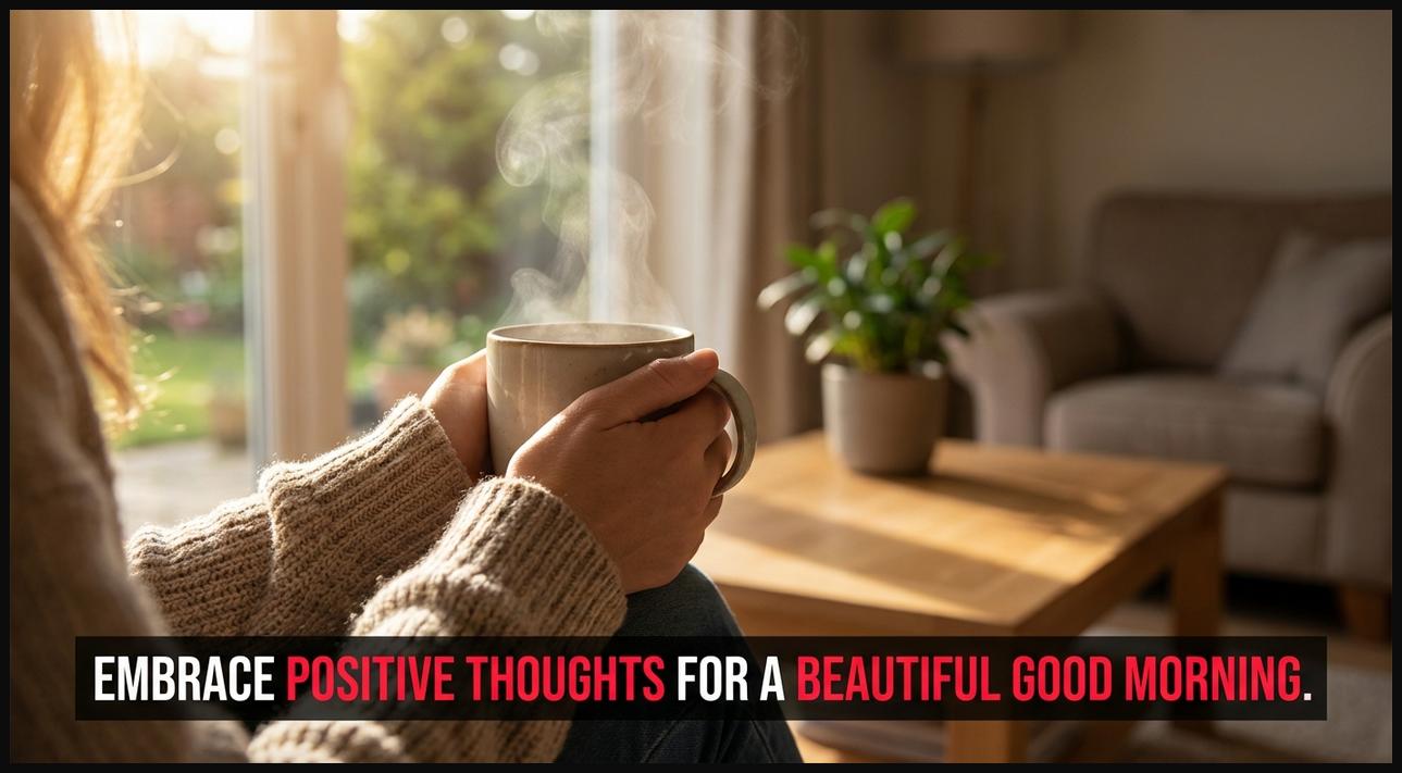 A person holding a warm mug of tea in the soft morning sunlight, representing positive good morning thoughts.