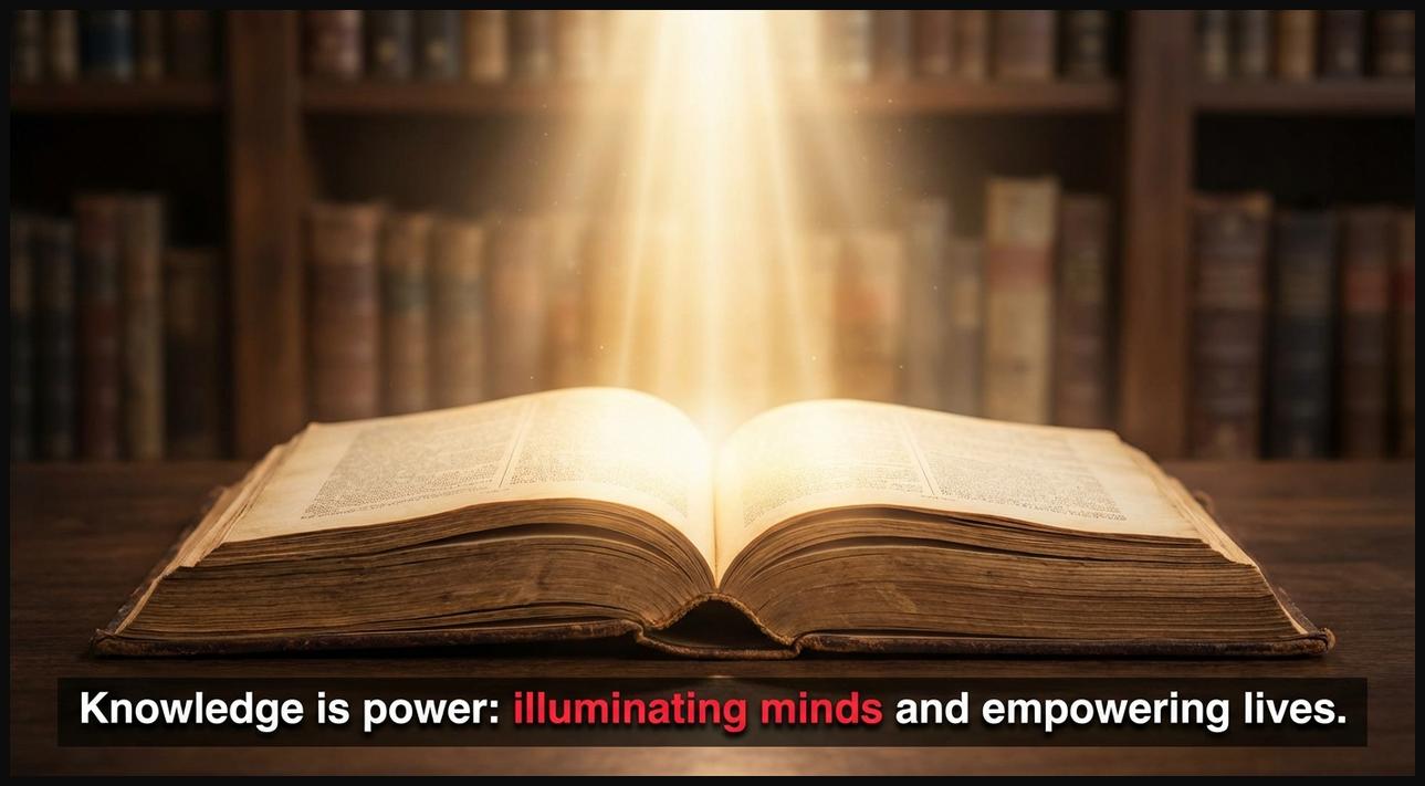 An open book emitting bright light, symbolizing the immense power and illumination brought by knowledge and education.