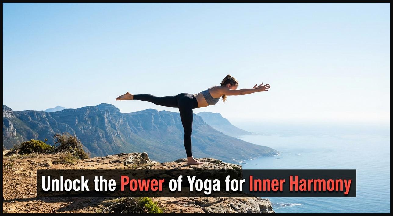 Person in a strong yoga pose overlooking a serene landscape, symbolizing inner harmony.