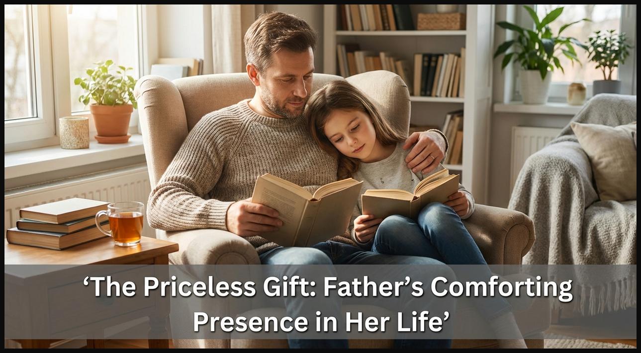 Father and daughter reading together in a quiet moment, highlighting the comfort of his presence.