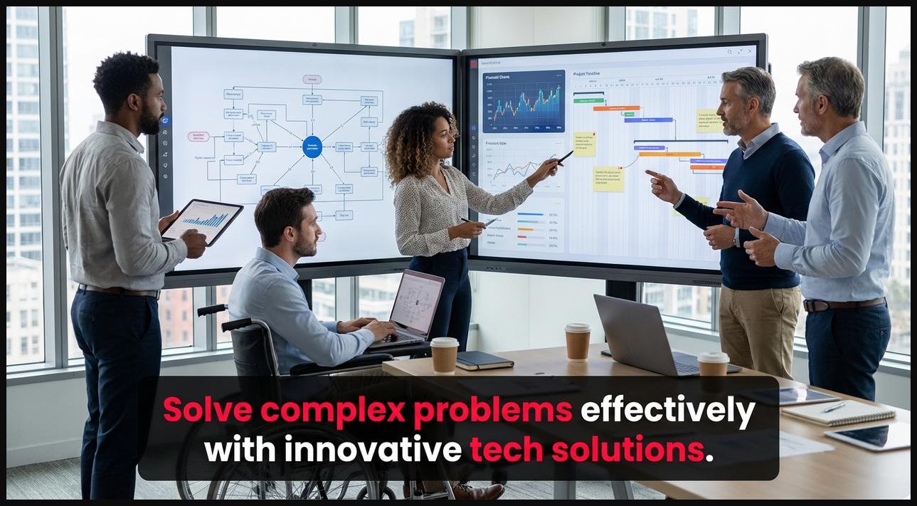 A team collaboratively solving a problem using advanced tech solutions, brainstorming on a digital whiteboard.
