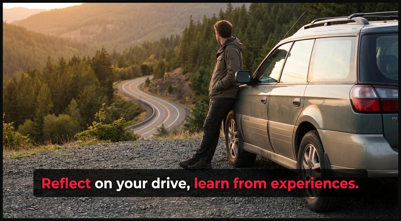 A person standing by their car at a scenic overlook, reflecting on their journey and past experiences.