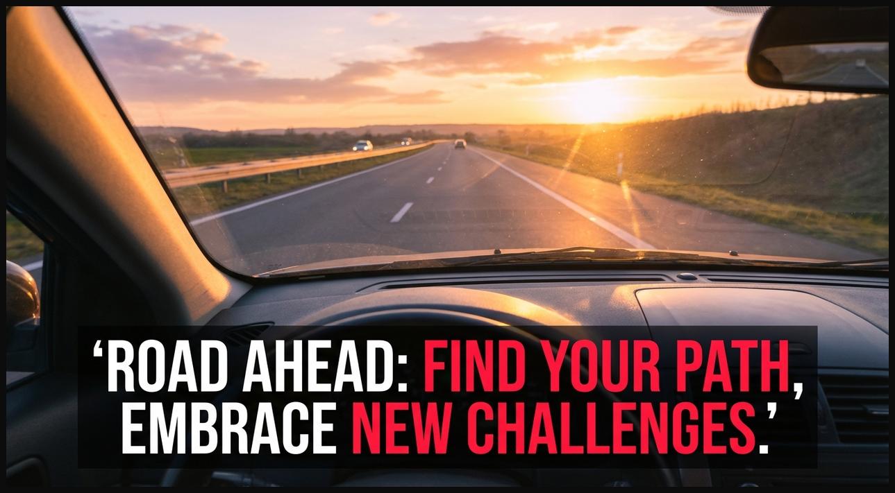 Driver's view of an open highway stretching to the horizon under a glowing sunrise, symbolizing inspiration and future paths.