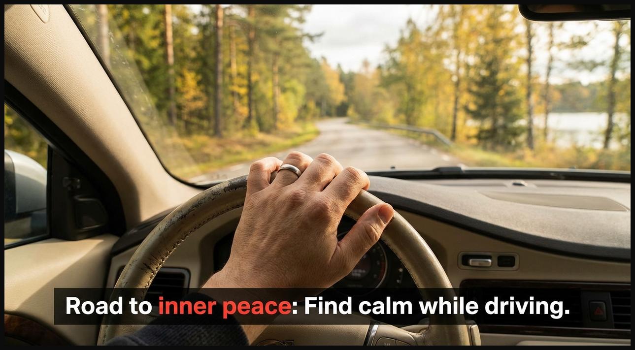 A peaceful interior view of a car with hands on the wheel, driving through a serene landscape, symbolizing a journey to inner peace.