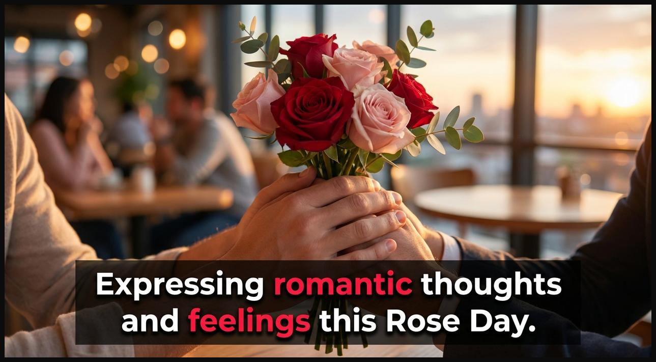 Two hands gently holding red and pink roses, symbolizing romantic thoughts and emotions on Rose Day.
