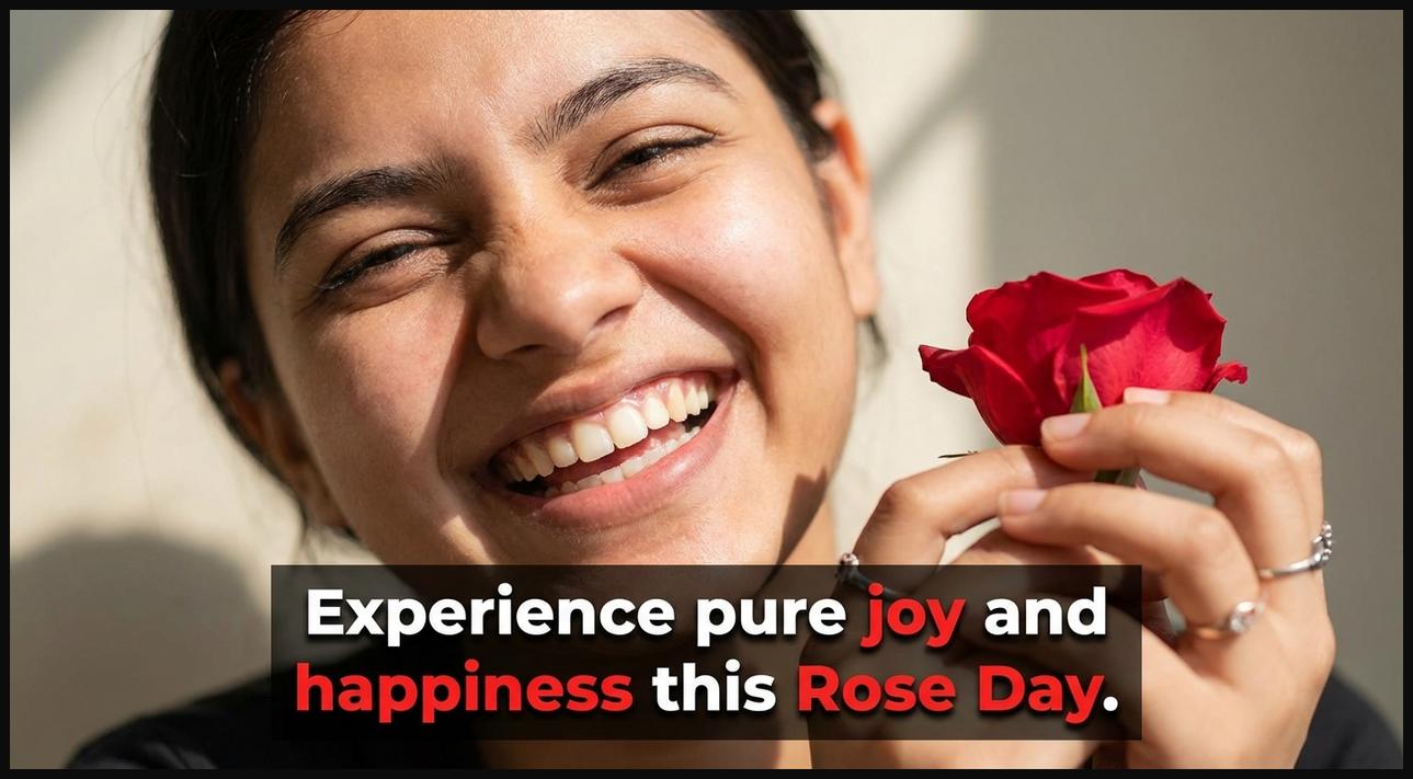 A young person with a radiant smile holding a bright rose, exuding pure joy and happiness on Rose Day.