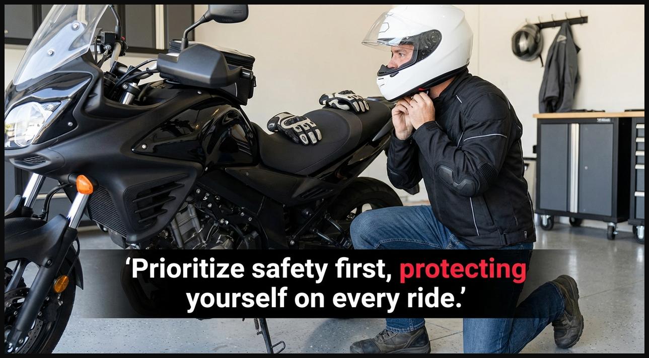 A motorcyclist putting on a protective helmet, highlighting the critical importance of safety gear for every ride.