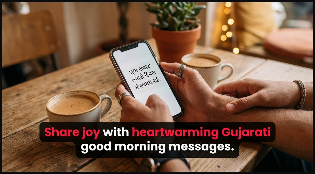 Two people's hands sharing a moment, one with a phone displaying a Gujarati good morning message, symbolizing shared joy.