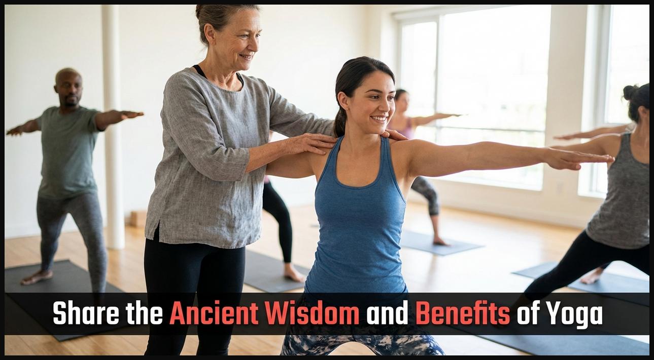 Yoga instructor guiding a student, sharing traditional yoga wisdom and techniques.
