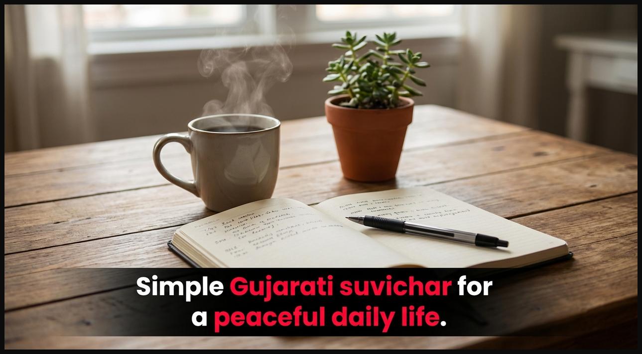 A steaming cup of coffee and a plant on a wooden table, symbolizing simple Gujarati suvichar for daily life.