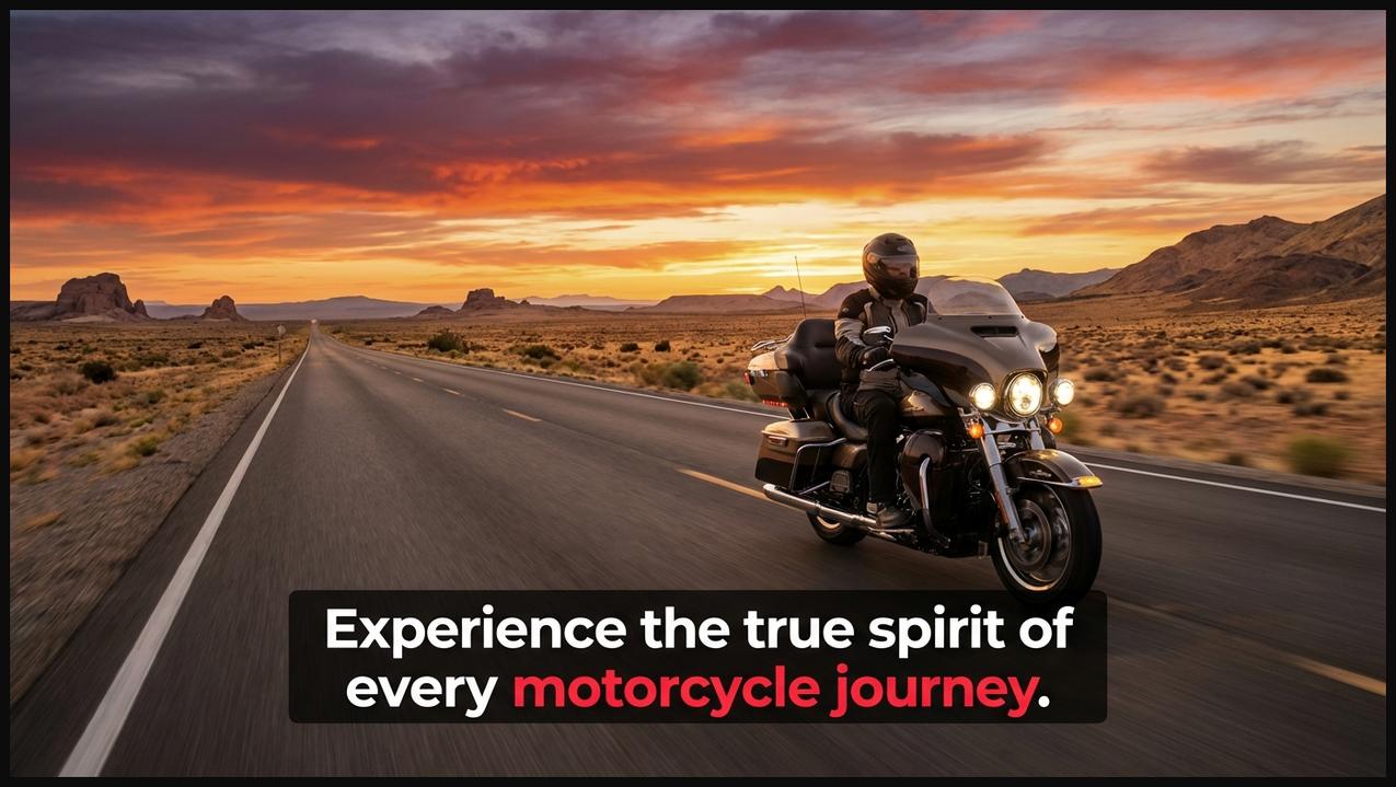 A lone motorcycle riding through a vast, beautiful landscape at sunset, embodying the adventurous spirit of motorcycle journeys.