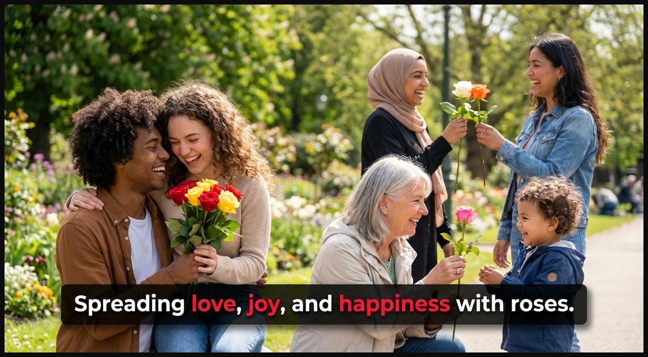People smiling and exchanging various colored roses in a park, symbolizing the spreading of love and joy on Rose Day.
