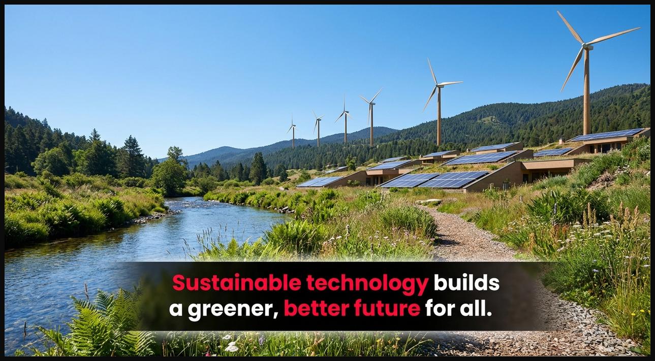 A landscape showing wind turbines and solar panels integrated with modern tech infrastructure, representing sustainable technology for a better future.