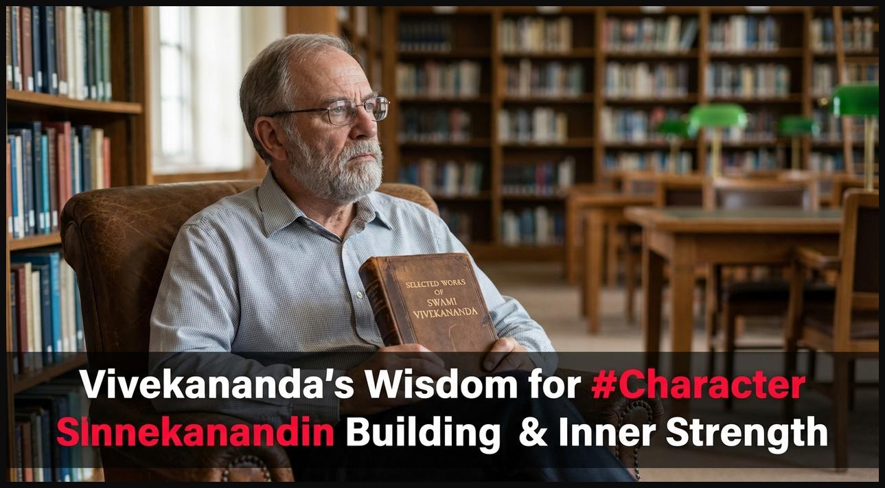 A person holding a book in a thoughtful pose, representing Swami Vivekananda's wisdom on character building and inner strength.