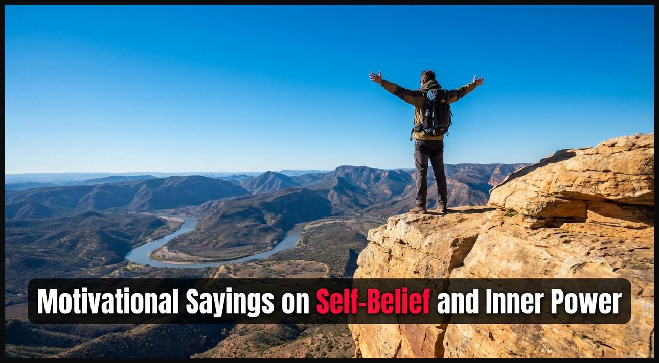 A person standing confidently overlooking a vast landscape, representing Swami Vivekananda's sayings on self-belief and inner power.