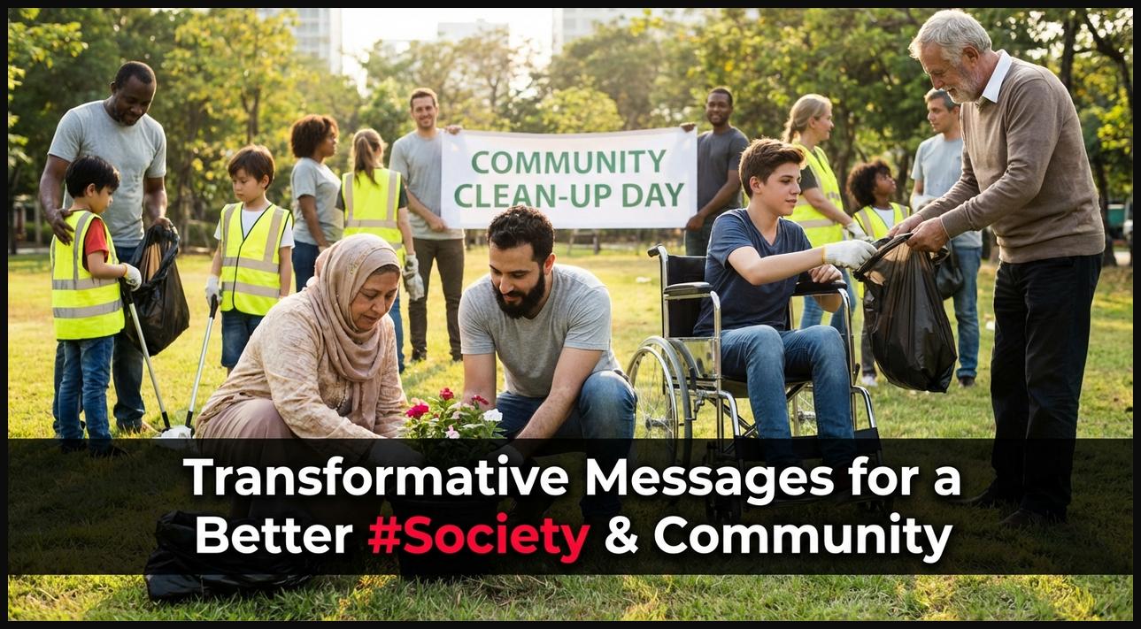 A diverse group of people working together in a community setting, representing Swami Vivekananda's transformative messages for society.