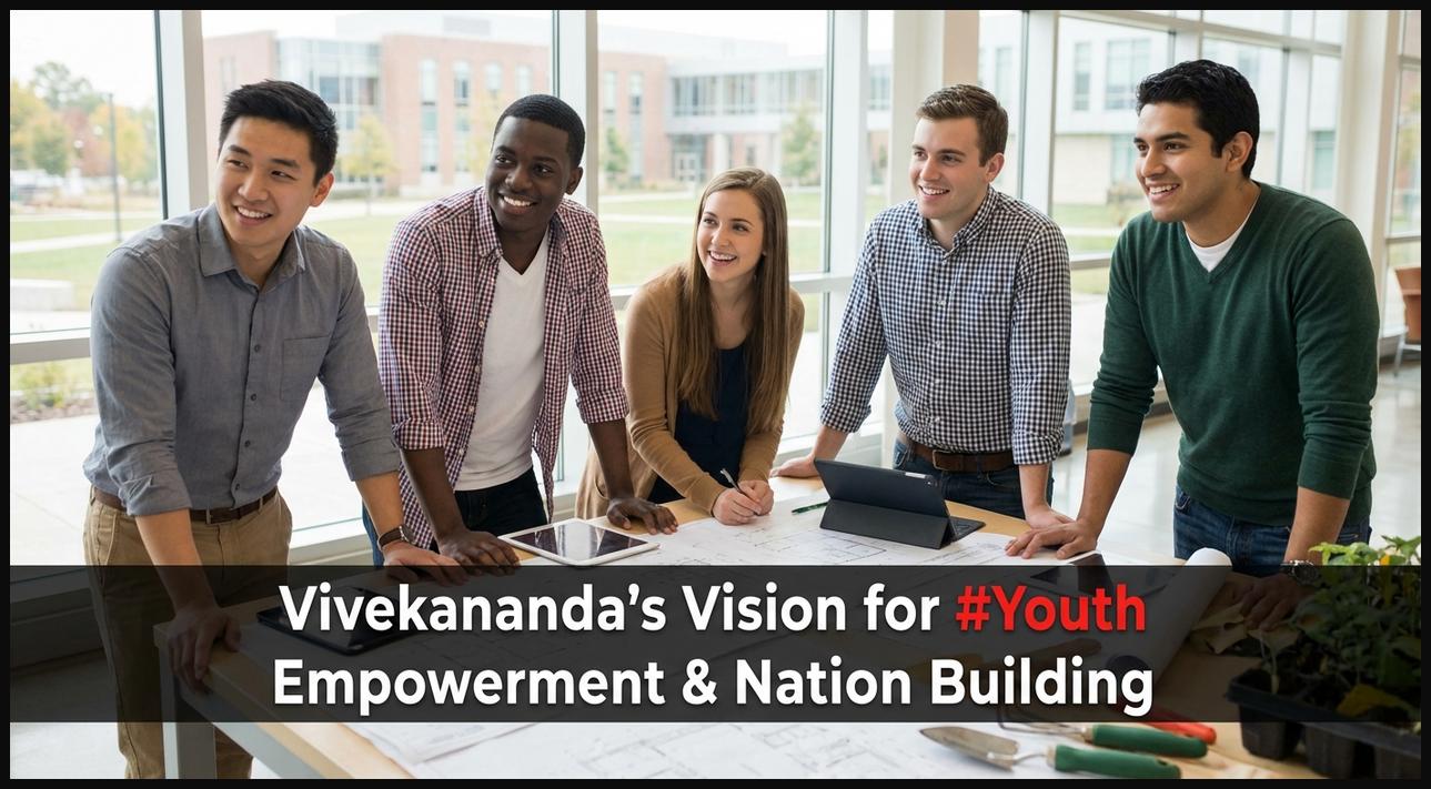 A diverse group of young people engaged in a project, representing Swami Vivekananda's vision for youth empowerment.