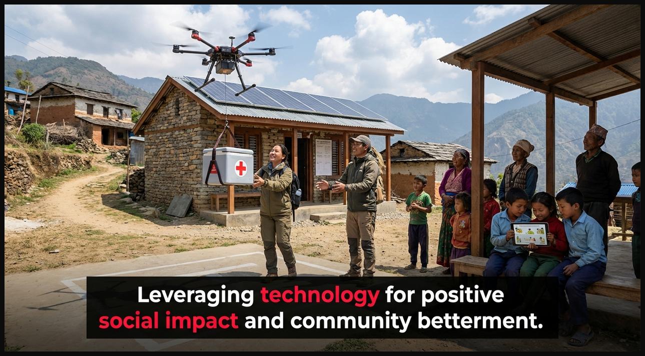 A scene depicting technology aiding social causes, such as a drone helping with disaster relief or a community using educational tech.