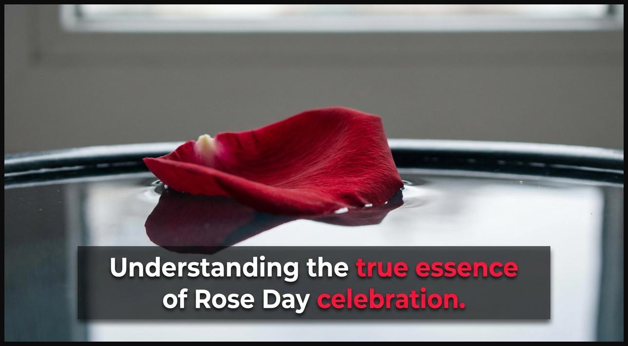 A single rose petal floating on water, symbolizing the pure essence and profound meaning of Rose Day.