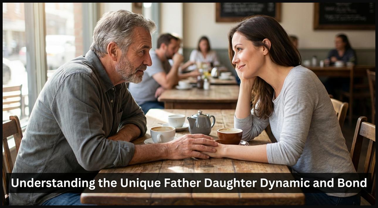 Father and adult daughter having a deep conversation, representing their unique dynamic and bond.