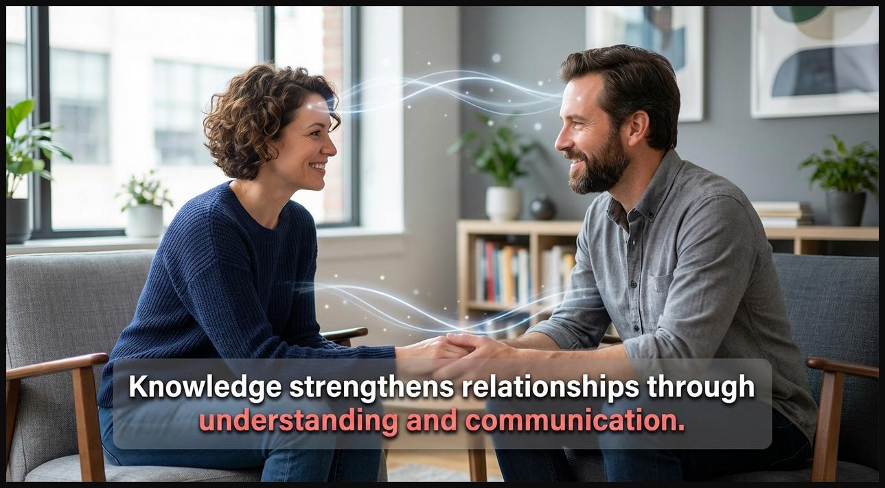 Two people engaged in a warm conversation, with abstract lines connecting them, symbolizing knowledge improving relationships.