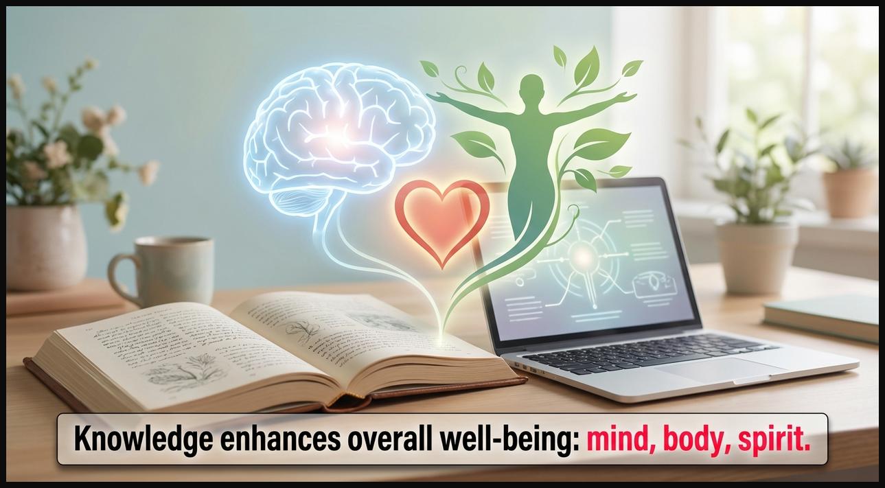 A harmonious composition of symbols for mental, physical, and emotional health, integrated with learning elements, representing overall well-being through knowledge.