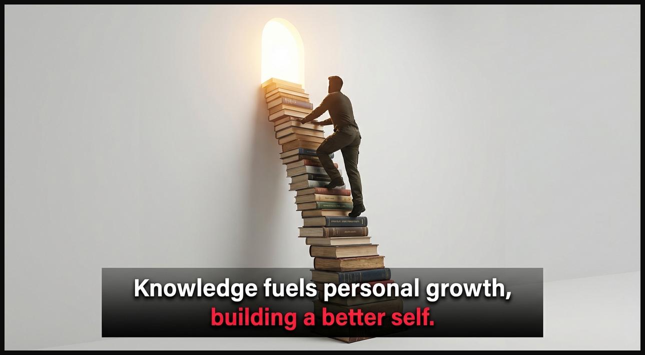 A silhouette climbing a ladder made of books towards a light, symbolizing knowledge driving personal development and self-improvement.
