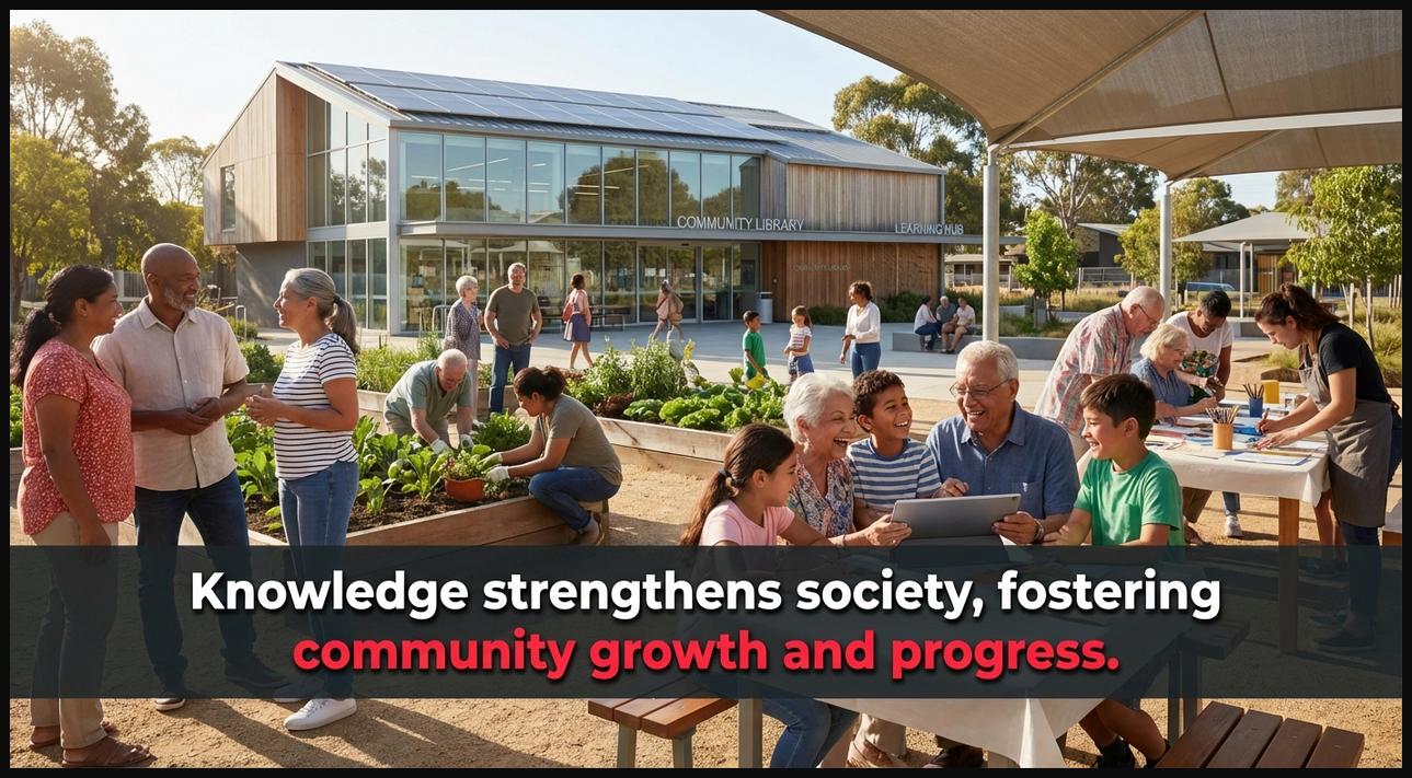 A diverse community interacting in a square with a school building, representing the vital role of knowledge in societal progress.