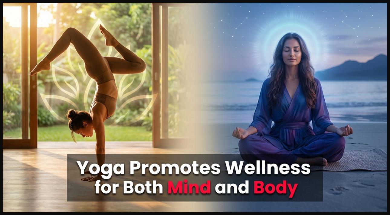 Conceptual image illustrating yoga's benefits for both physical strength and mental tranquility.